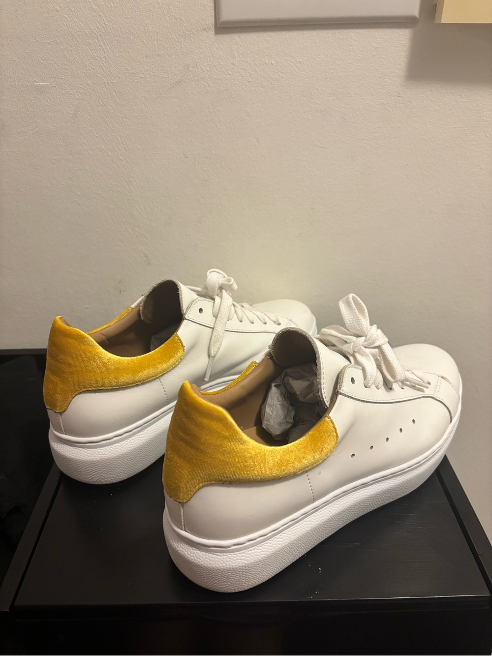 White Leather Platform Sneakers with Mustard Yellow Heel Accent Made in Italy